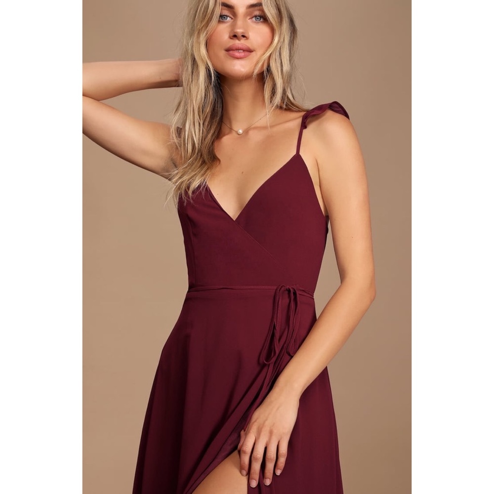 Lulu's Burgundy High-Low Ruffle Strap Maxi Dress - Picture 3 of 11